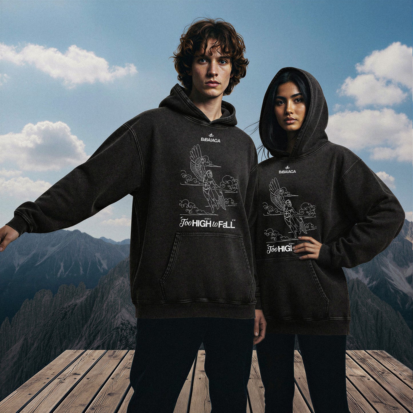 Felpa Oversize Acid Wash Nera | "Too High to Fall" Icaro