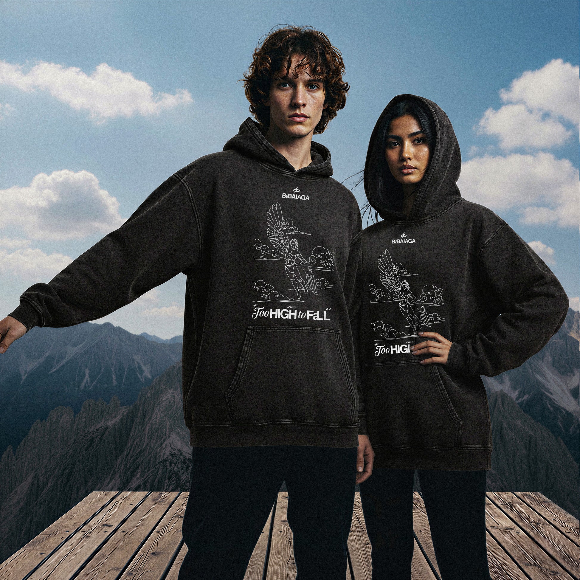 Felpa Oversize Acid Wash Nera | "Too High to Fall" Icaro