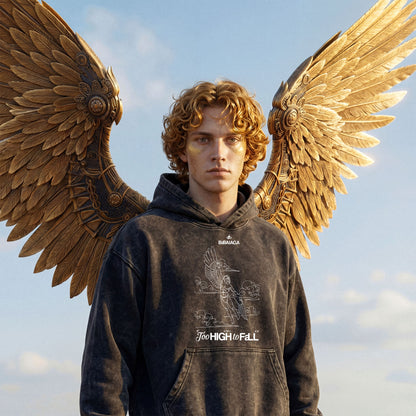 Felpa Oversize Acid Wash Nera | "Too High to Fall" Icaro