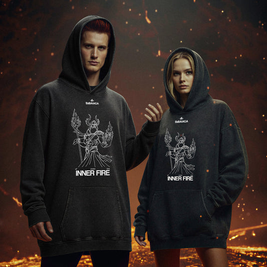 Felpa Oversize Acid Wash Nera | "Inner Fire" Ade