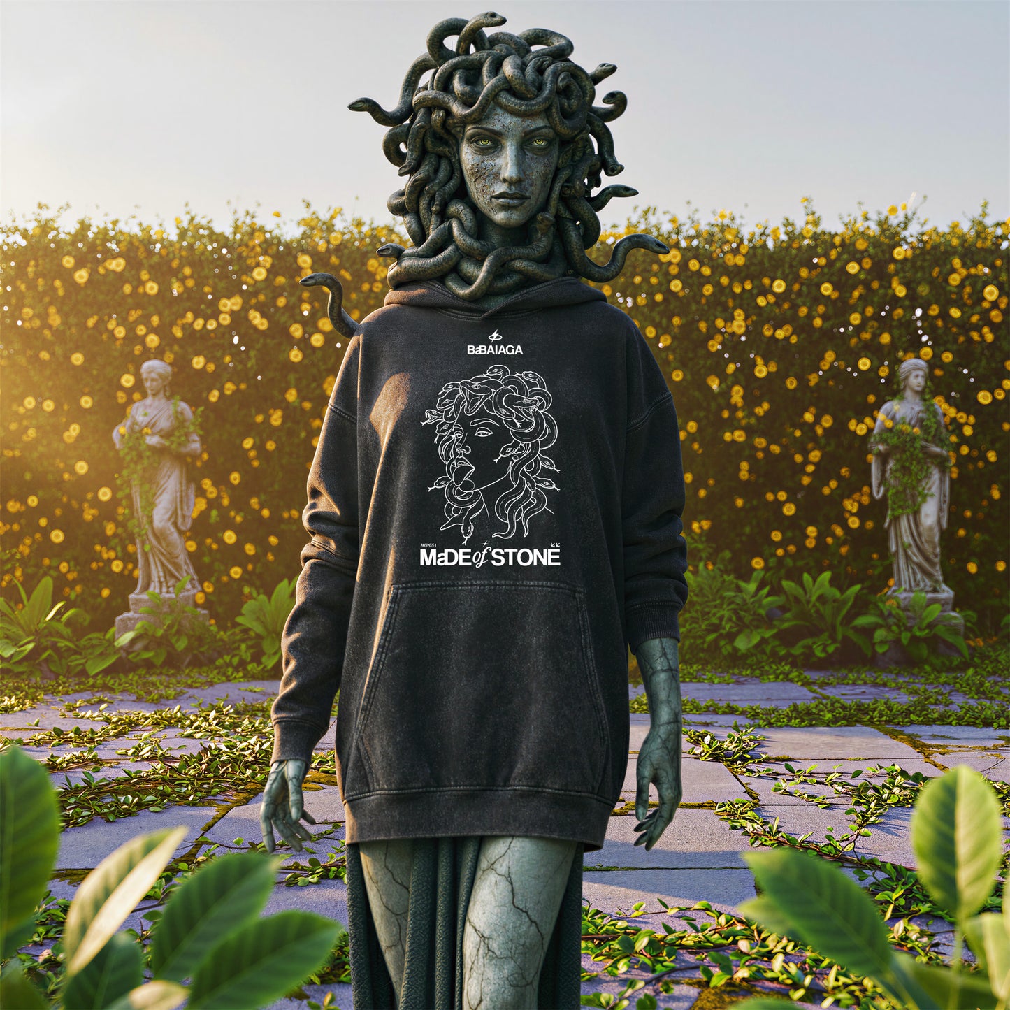Felpa Oversize Acid Wash Nera | "Made of Stone" Medusa