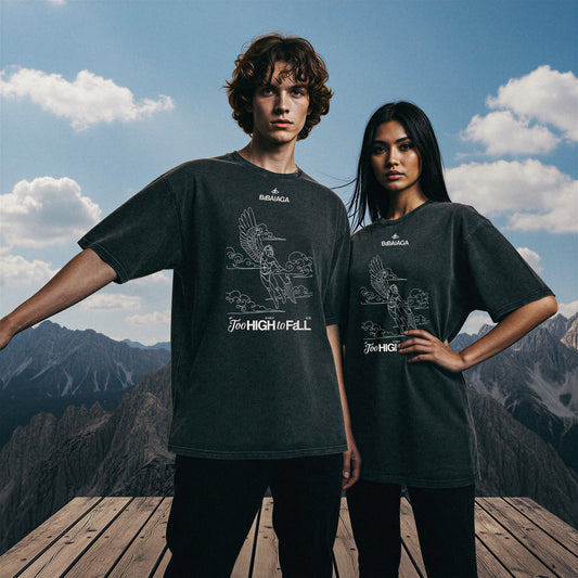 T-shirt Oversize Acid Wash Nera | "Too High to Fall" Icaro