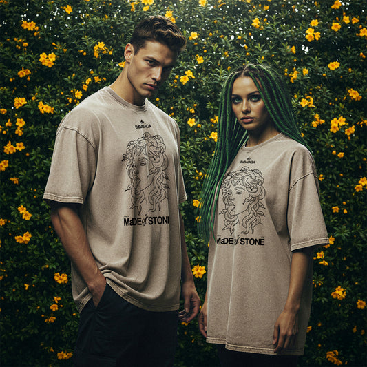 T-shirt Oversize Acid Wash Panna | "Made of Stone" Medusa